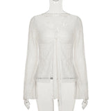  MQTIME  -  Women's White Lace Crop T-shirts with Front Knot & Bell Sleeves Sexy V-Neck See Through Floral Lace Tee Tops Casual Autumn Chic