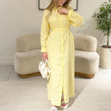 MQTIME  -  Fashion Lace-Up Long Sleeve Party Dress Elegant Lapel Single Breasted Solid Shirt Dress Women's Cotton Linen Pleated Long Dress