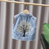 MQTIME  -  2-8 Years Old Girls Denim Vest Turn Down Collar Sleeveless Kids Cartoon Jean Jacket Spring Autumn Casual Kids Outerwear