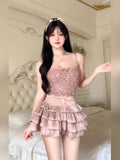 MQTIME  -  Sweet Hot Girl Pure Sexy Suit Women's Autumn Slim Lace Sequin Strap Top High Waist A-line Skirt Two-piece Set Female Clothes