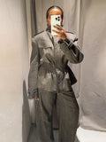  MQTIME  -  Fashion Top Pants Women's Set Stand Collar Full Sleeve Elastic Waist Shirt Straight Trousers Female Sets Autumn Lady Suit
