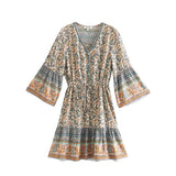 MQTIME  -  Boho Long-sleeved Dress V Neck Rayon Summer Short Dress Femme Hippie Printing Mini Dress Flare Sleeve Chic Vestidos