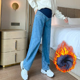 Mqtime Winter Fashion Denim Maternity Straight Long Jeans Wide Leg Loose belly Pants Clothes for Pregnant Women Pregnancy Casual