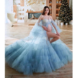 MQTIME  -  Fairy Blue Maternity Dresses Photoshoot Fluffy Tulle Puff Sleeves Elegant Maternity Dress for Pregnant Woman Babyshower Gowns