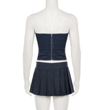 MQTIME  -  Casual Solid New Dress Sets Women Summer Bandage Lmitation Denim Tube Tops Mid-Waisted A-Line Mini Skirts Two Piece Suits
