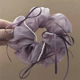 MQTIME  -  Summer Large Purple Silk Yarn  Large Intestine Ring  Bow Ribbon Hair Band  Mesh Pearl Hair Rope  Hair Accessories for Women