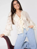 MQTIME  -  New See-Through French ruffle lace Leaf Pattern Flared Sleeve Cardigan Sexy Elegant Beige Slim Woman Clothes Blouse Party Tops