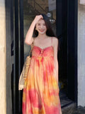 MQTIME  -  Women Summer Orange Tie Dyed Loose Lace-up Pleated Long Dress Ladies Boho Sexy Holiday Casual Backless Sundress Fashion Clothing