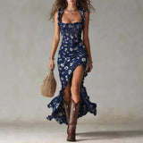  MQTIME  -  New Women's Bohemian Retro Ruffled Sleeveless Strap High-Split Dress