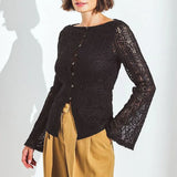 MQTIME  -  Lace Elegant Embroidery Shirts Women Autumn New Hollow Out Slim Long Sleeve T-Shirts Fashion Off Shoulder Cardigan Top