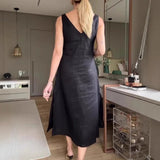 MQTIME  -  Retro Solid Color Lady V Neck Loose Suspenders Dress Sexy Hollow Out Sleeveless Summer Dress Casual Street Pocket Pullover Dress