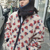 MQTIME  -  Vintage Design Rose Print Zipper Fleece Jacket Stand-up Collar Warm Top Shearling Jacket Jackets for Women Autumn Winter Coats