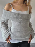 MQTIME  -  Women's Y2K Cute Off Shoulder Sweaters Chest Folding Slash Neck Flare Long Sleeve Slim Fit Knitted See-through Tops