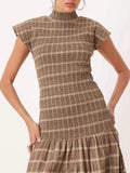 MQTIME  -  Vintage Grid Printed Slim Big Hem Dress Elegant O-neck Women Short Sleeve Party Dress Temperament High Waist Pleated Maxi Dress
