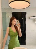 MQTIME  -  Green hollow V-neck suspender dress for women's summer sexy long Dress tie up wrap around buttocks Dress