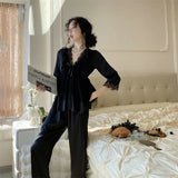 MQTIME  -  Spring New Lace Pajamas Suit Princess Style Nightwear  Rayon Stain Solid Long Sleeve Deep V-Neck Home Clothes