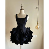 MQTIME  -  Retro Hepburn Wind Black Sling Fishbone Waist Trimming Ruffles Dress