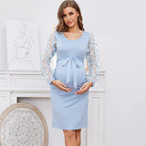 MQTIME  - Women Solid Color Maternity Pregnancy Clothing Cute Puff Sleeve Slim Dresses For Photoshoot