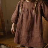  MQTIME  -  French Round Neck Pleated Cotton Crepe Muslin Dress Girls Autumn New Casual Loose Retro Brown Children's Dresses