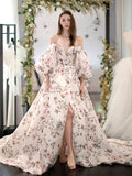 MQTIME  -  Sexy Off-shoulder Puff Sleeve Wedding Dress Women Floral And Butterfly Print Long Tailing Party Dress Toast Clothing