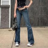 MQTIME  -  Womens Y2K Grunge Casual Denim Flared Long Pants Solid Color Skinny Low Waist Bell Bottom Jeans Trousers with Pockets