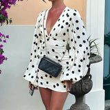 MQTIME  -  Summer Sexy Deep V Neck Hollow Dresses Fashion Polka Dot Print Slim Evening Dress Women Spring Long Sleeve High Waist Mini Dress