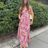 MQTIME  -  Women Casual Strapless Dress Summer Boho Floral Print Tie up Backless Long A-Line Dress for Party Beach Streetwear