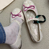 MQTIME  -  Cute Bunny Style Mary Jane Ballet Flats Women Leather Round Toe Low Cut Single Shoes Butterfly Knot Decor Soft Flat Footwear