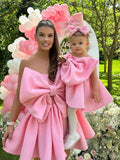 MQTIME  -  Sweety Cute Light Pink Bow Short Women Dresses To Birthday Party Strapless Big Bow A-line Mini Maxi Dress