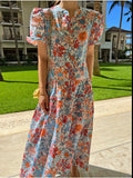 MQTIME  -  Korean Style Summer Female Floral Dress Sweet Puff Sleeve V-neck Button Fly Fashion Printed Women's Long Dress Ruffles Patchwork