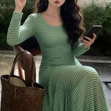 MQTIME  -  Women Striped Round Neck Long Sleeve Maxi Dress Slim Fit Spring Autumn New Korean Basic Flared Hem Fashion Casual Long Dresses