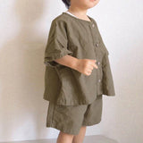 MQTIME  -  Children's Retro Cotton Linen Suit Summer New Korean Kids Casual Loose Shirt + Shorts Boys And Girls 2 Pcs Sets WT045