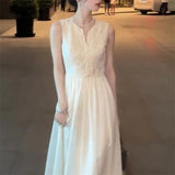MQTIME  -  French White Lace Embroidery Midi Dress Summer V Neck Sleeveless High Wais Holiday Dresses For Woment Party Robe Clothing J114