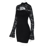 MQTIME  -  Women Hollow Out See Through Lace Patchwork Bodycon Mini Dress O Neck Long Sleeve Hipster Slim Night Clubwear Party Outfits