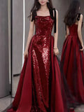 MQTIME  -  Wine Red Temperament Sling Wedding Party Dresses Slim Waist Sequin Patchwork Prom Vestidos Elegant Lace-up Long Eveni