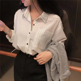 MQTIME  -  Korean Fashion Office Lady Blouse Pinstriped Printing Long Sleeves Casual Design Lady Shirts  Loose Long Sleeves