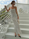  MQTIME  - Silvery Sequin Fashion Long Dress Women's Backless Slim High Waist Patchwork Elegant Party Dress Female Glitter Maxi Dress
