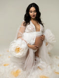 MQTIME  -  Elegant White Maternity Wedding Dress Giant Organza Flowers for Pregnancy Photoshoot Luxury Bridal Gown, Long Train Plus Size