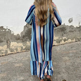 MQTIME  -  V-neck Long Dress With Sleeves Summer New Ladies Loose Party Dresses Vintage Pleated Stripe Printed Commuting Maxi Dresses