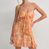 MQTIME  -  Sweet 2025 One Shoulder Mini Ruffles Dress Elegant Summer Floral Print Tie-up Party Dress Simple Women Backless Beach Dress New