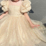 MQTIME  -  Girls Princess Long Dress Fashion Bow Sequin Puff Sleeve Tutu High End Formal Party Gown Ball New Style Children Evening Dress