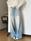 MQTIME  -  Blue Retro Washed Wide Leg Pants For Women, Simple And Loose High Waisted Straight Leg Denim Floor Mopping Pants