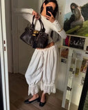 MQTIME  -  Lace Patchwork Elastic Waist Trousers Women Casual High-waisted Lace-up Loose Wide Leg Pants Lady Street Chic Bottom