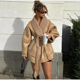 MQTIME  -  Fashion Retro Leather Women's Coat Winter Warm Windproof Plush Lining Coats with Belt Women Solid Turndown Collar Outerwears