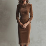 MQTIME  -  Fashion O-neck Draped Velvet Midi Dress Women's Casual Long Sleeve Solid Party Dress Elegant Lace Splicing Waist Wrap Hip Dress