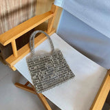 MQTIME  -   Vintage Handmade Ladies Handbag Weave Beaded Fashion Silver Color Shining Sequin Shoulder Bag Clutches Womens Party Handbag