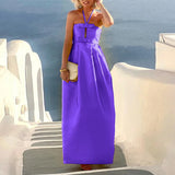 MQTIME  -  New Spring Summer Solid Pleated Dresses Women Sexy Hollow Halter Knot Long Party Dress Lady Sleeveless Backless Sling Maxi Dress