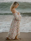  MQTIME  -  Baby Shower Maternity Dress Photoshoot Floral Long Sleeve Maxi Gown Pregnancy Outfit Beach Photography Bump Friendly Clothes