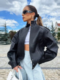 MQTIME  -  Women's Leather Jackets Standing Collar Windproof Loose Fold Coats Locomotive Style Outdoors Clothes Woman Demi-Season Jacket
