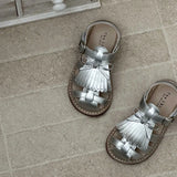 MQTIME  -  Cute Children Girls Tassel Peep-toe Sandals New Soft Hook & Loop Silver Sandals Kids Princess Non-slip Casual Sandals
